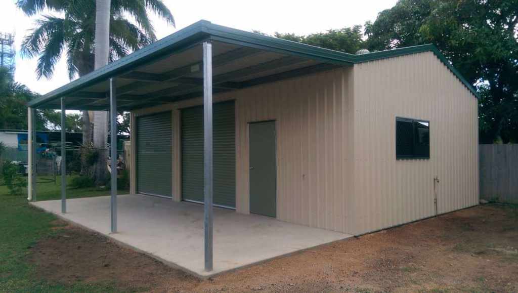 Cream Skillion Shed with Green Carport - Shed by Bryland Sheds Townsville