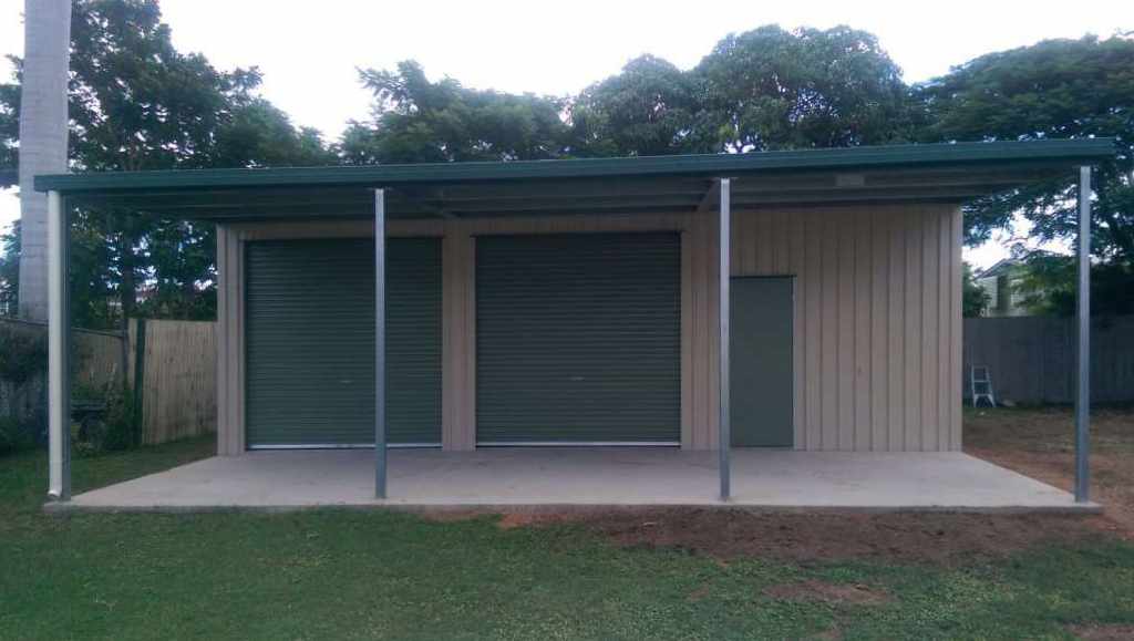 Cream Skillion Shed with Green Carport — Side View - Shed by Bryland Sheds Townsville